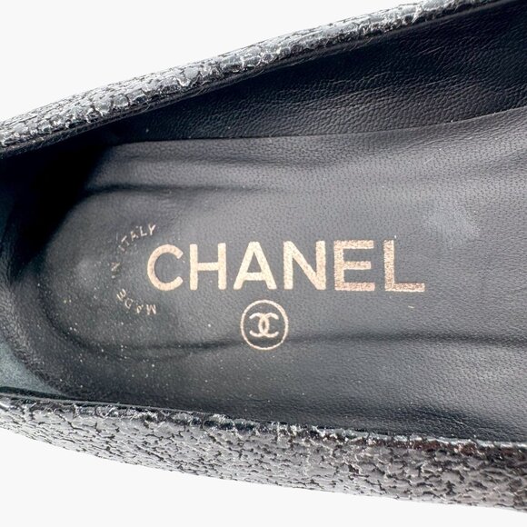 Chanel CC Cap Toe Ballet Flats Black Silver Leather Size 37.5 US 6.5–7 Women - Picture 14 of 15